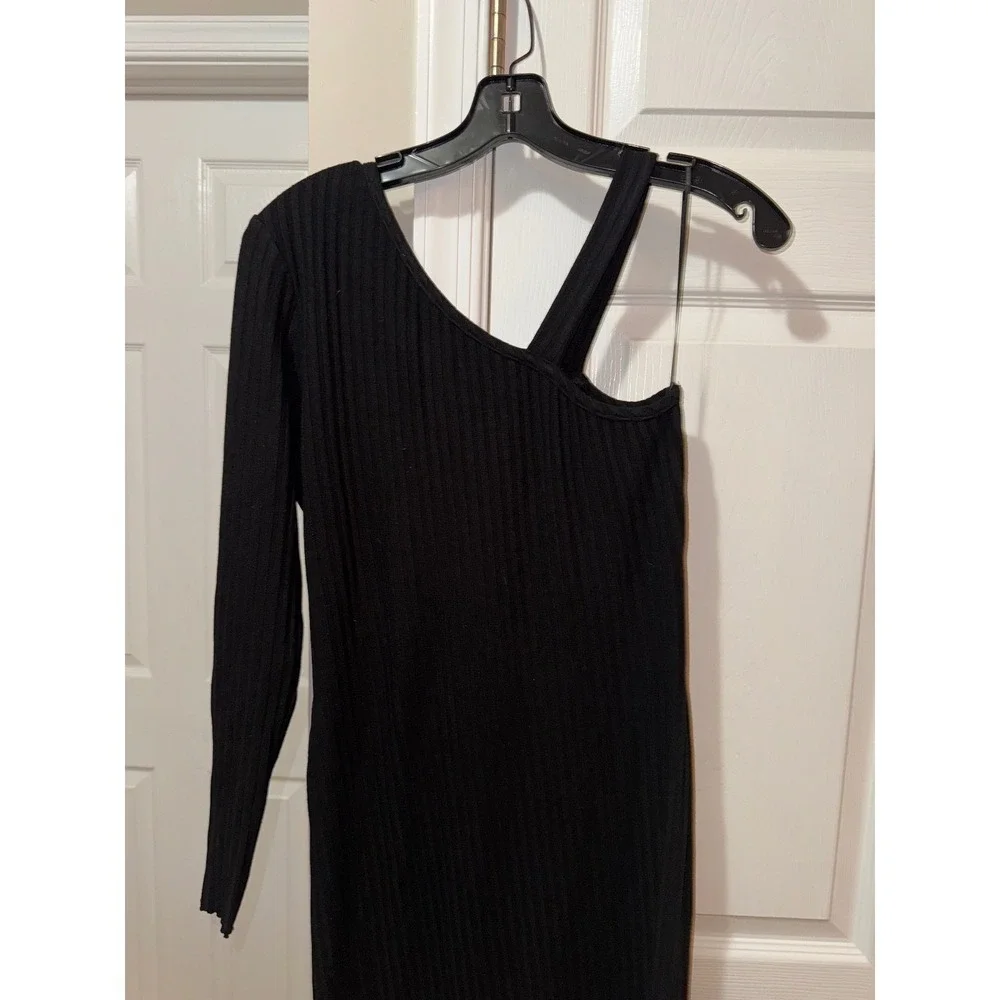 One Shoulder Dress Long Sleeve Ribbed Knit Bodycon‎ Midi Dress - Picture 6 of 9